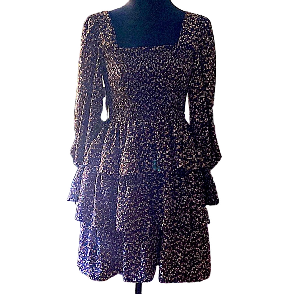 NWT Black Dress Ruffle Layers fit flare size large